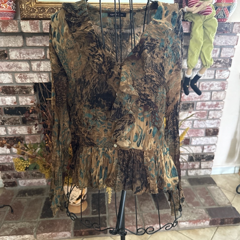 Y2k Fairy Grunge Ruffle Leopard Crinkled Button up Blouse Sz Large